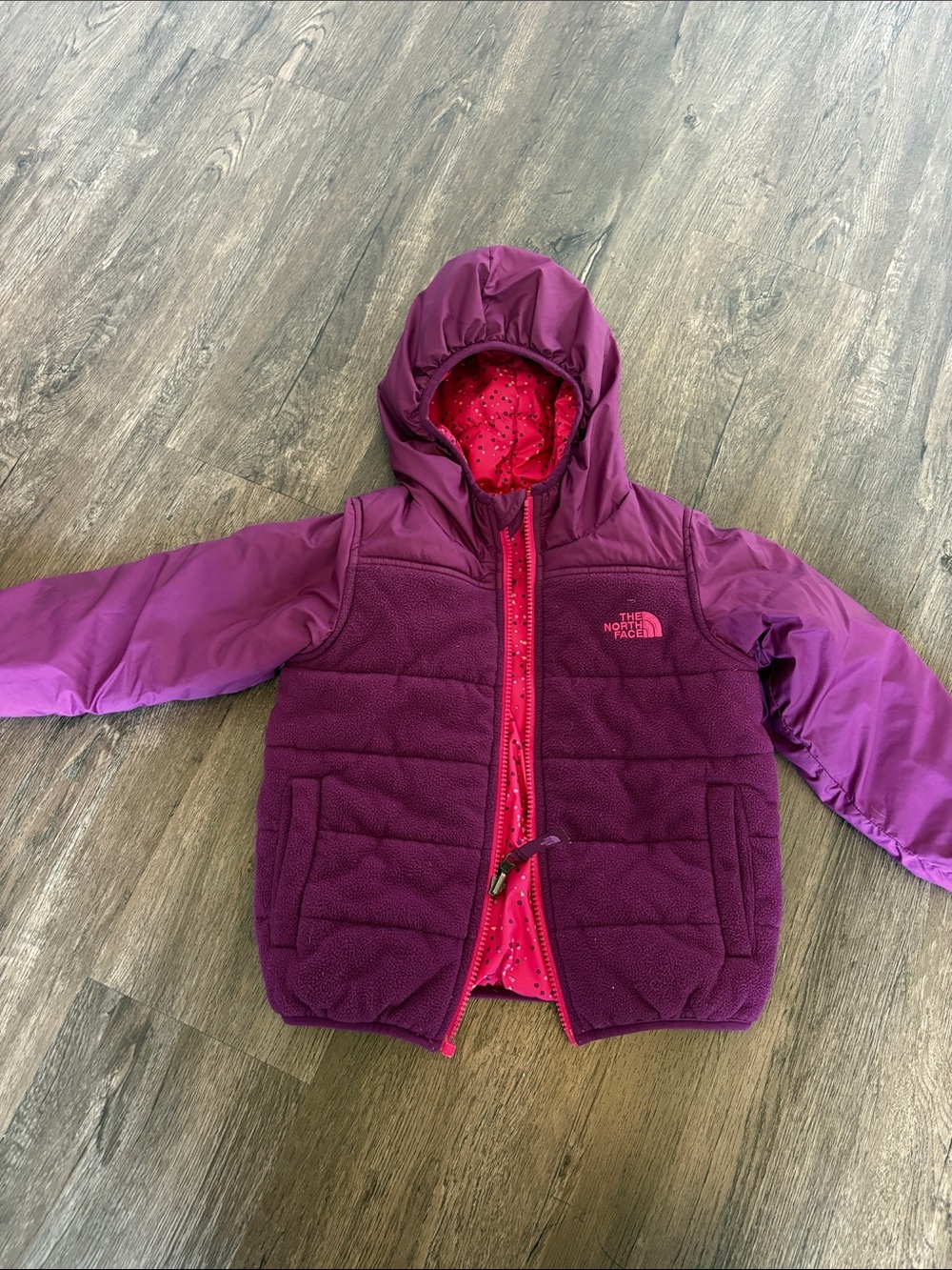 The North Face Girls' Purple and Hot Pink Hooded Puffer Jacket